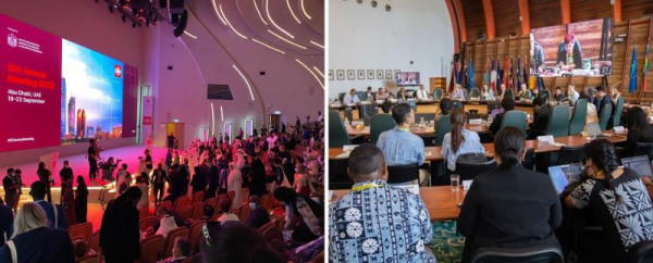 Image on the left is of a conference that is filled with participants looking at a big projector screen. The image on the right is of another conference setting with people sitting around long tables facing a projector screen